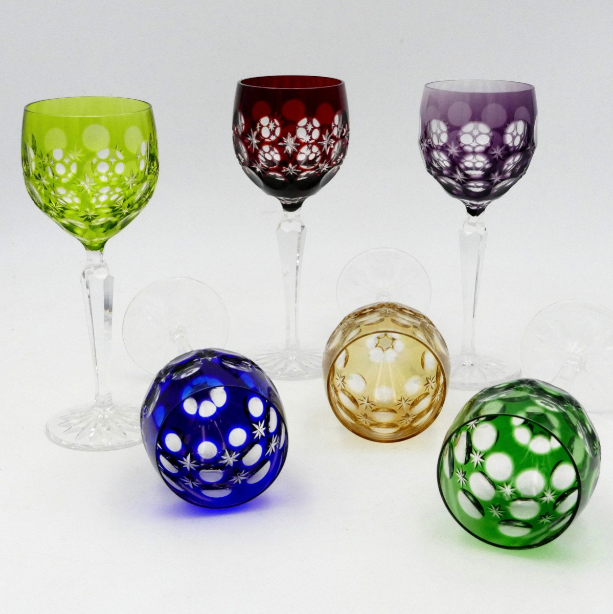 6 Verres à Vin Blanc Du Rhin En Cristal, XXe Siècle, Bleu, Rouge, Vert, Violet, Ambre.-photo-6