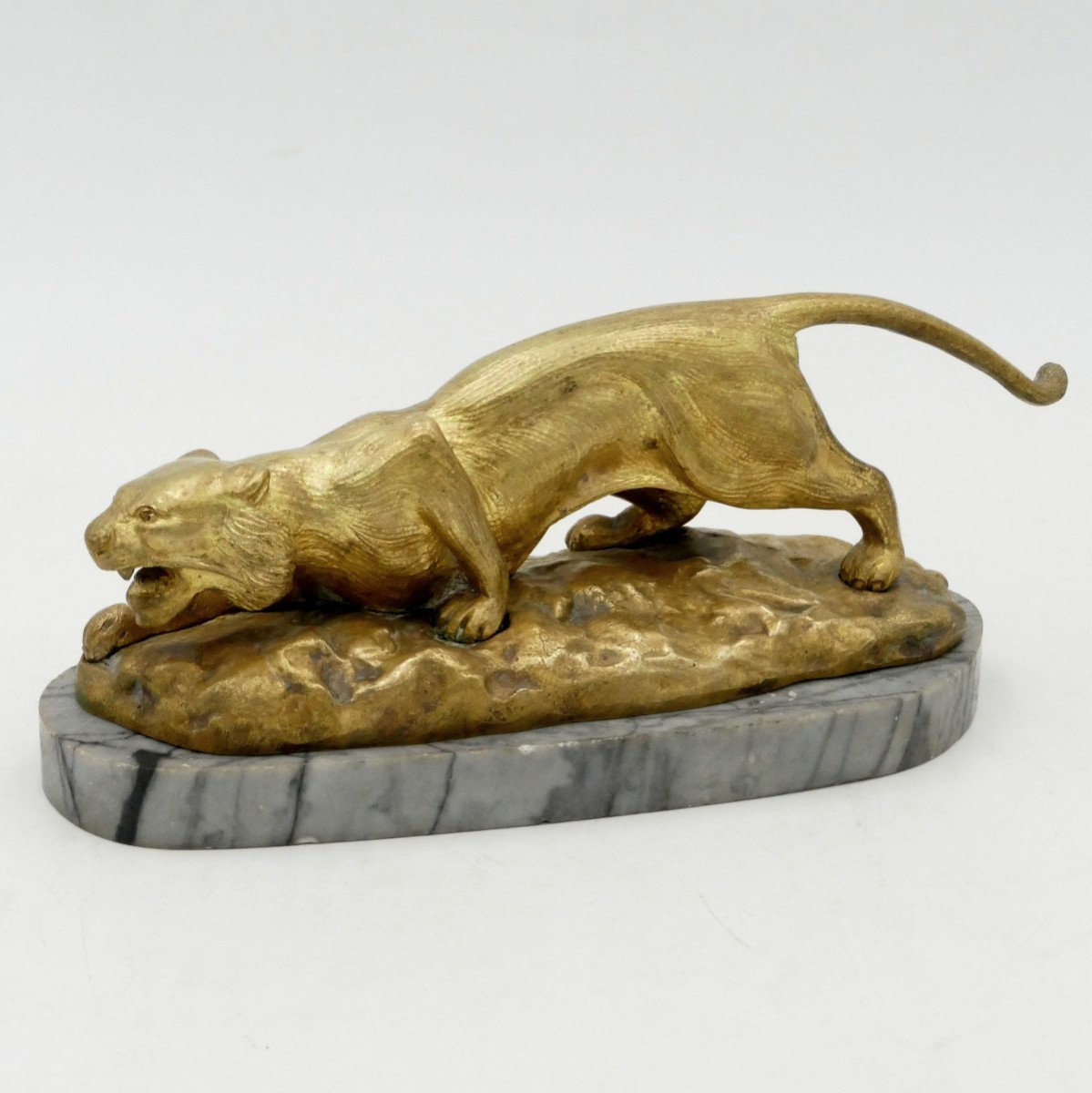 Gilt Bronze Tiger On Marble Base, 1900.