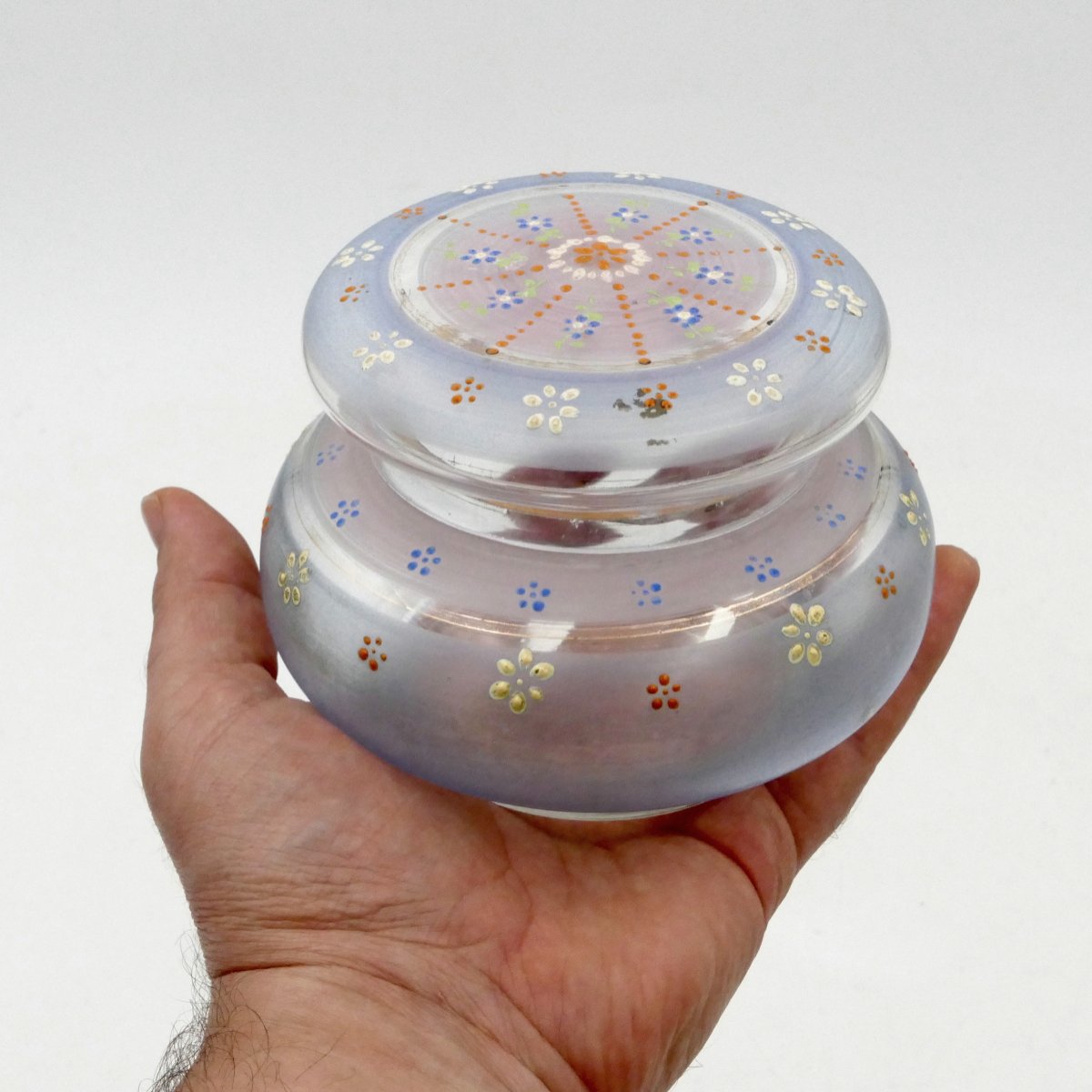 1900 Enameled Glass Candy Box, Stylized Daisies And Cornflowers, Art Nouveau.-photo-6