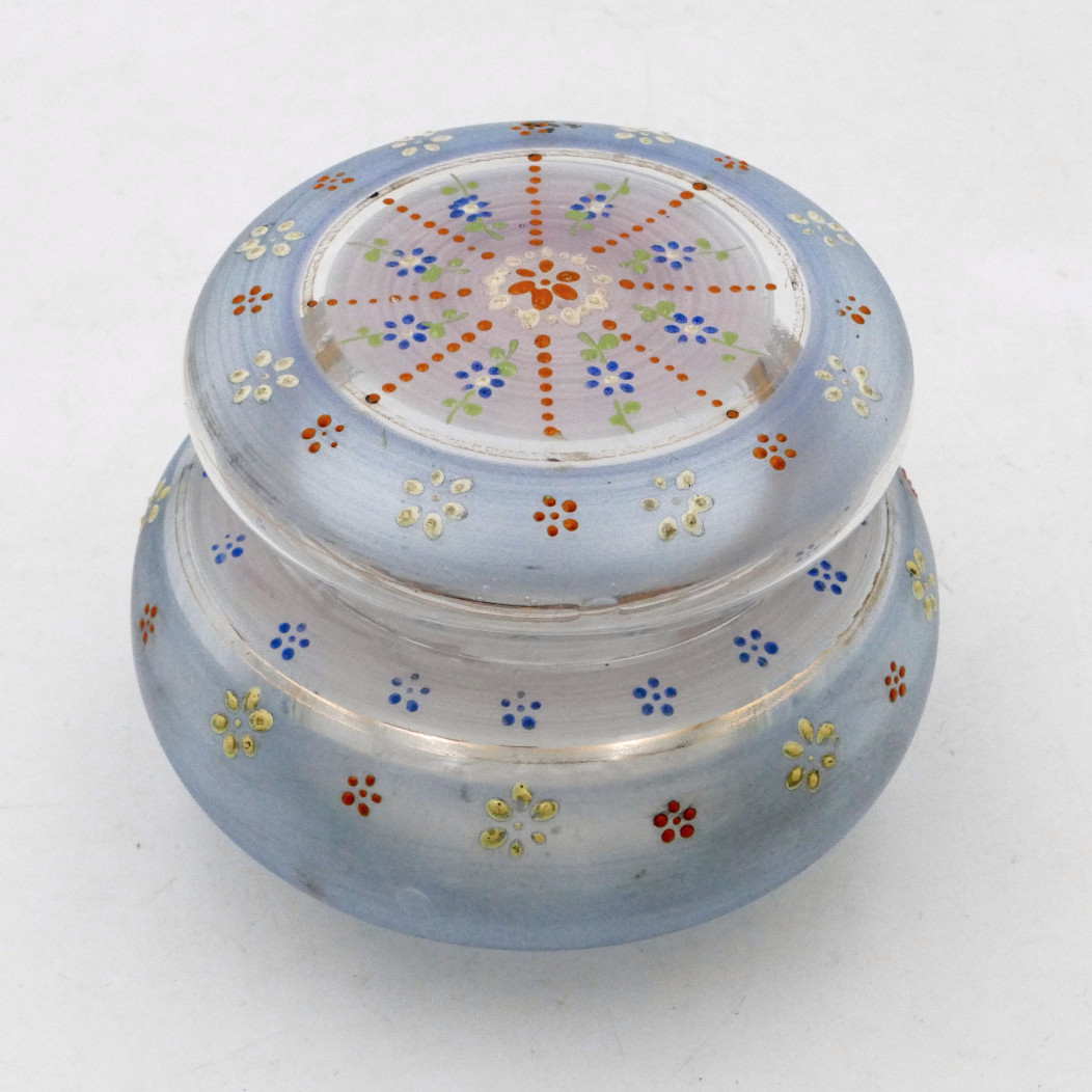 1900 Enameled Glass Candy Box, Stylized Daisies And Cornflowers, Art Nouveau.