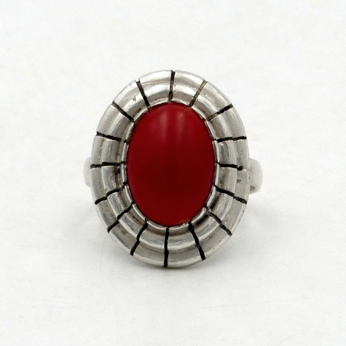 Art Deco Ring In Sterling Silver And Coral, Finger Size 51.5.-photo-3