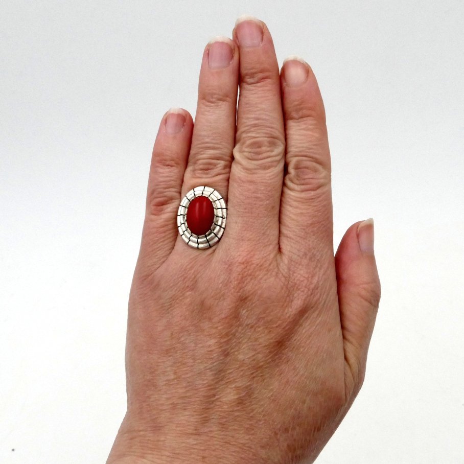 Art Deco Ring In Sterling Silver And Coral, Finger Size 51.5.-photo-4