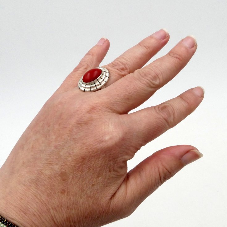 Art Deco Ring In Sterling Silver And Coral, Finger Size 51.5.-photo-5