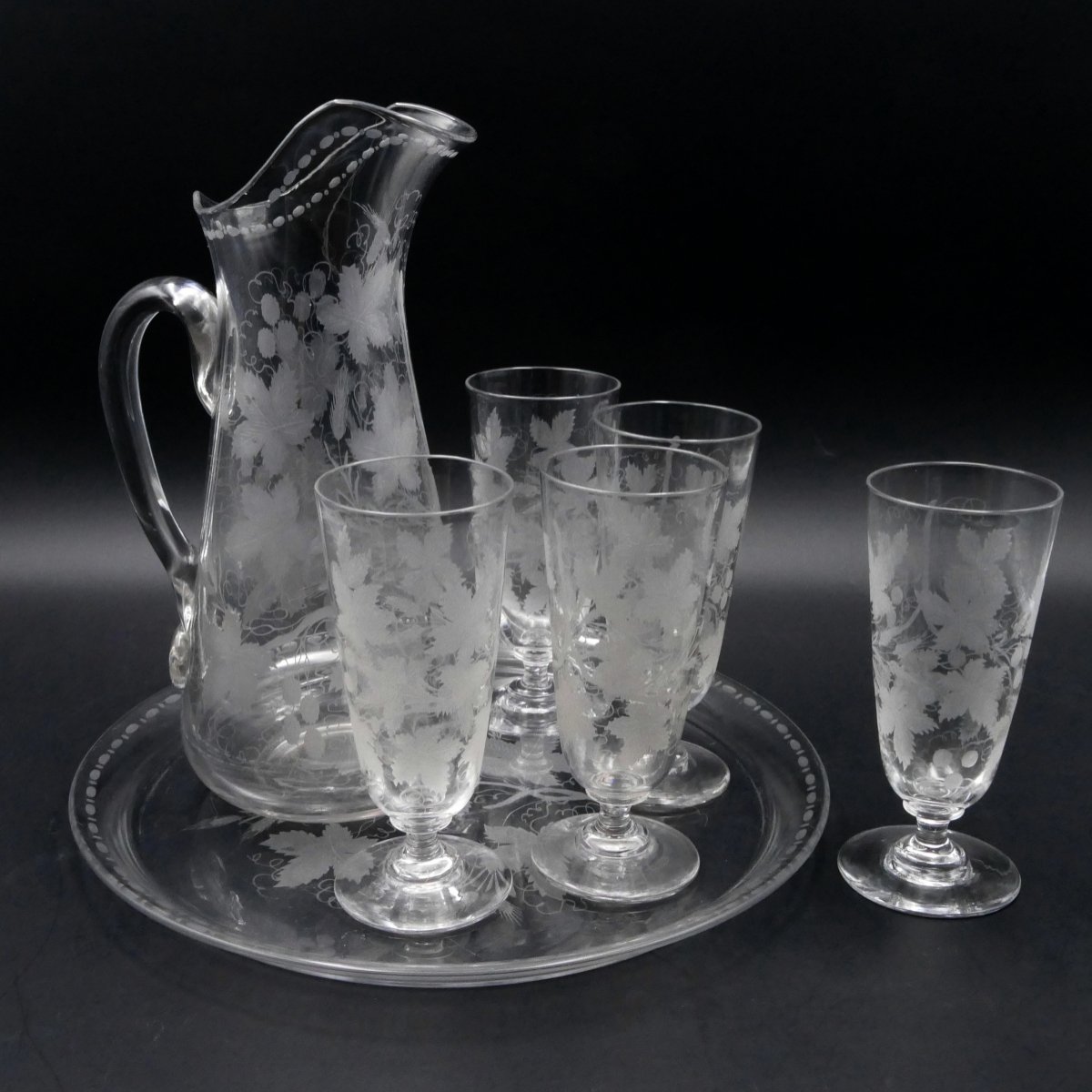 Bohemian, Important Crystal Orangeade Service Engraved With Vine Leaves, Circa 1900.-photo-7