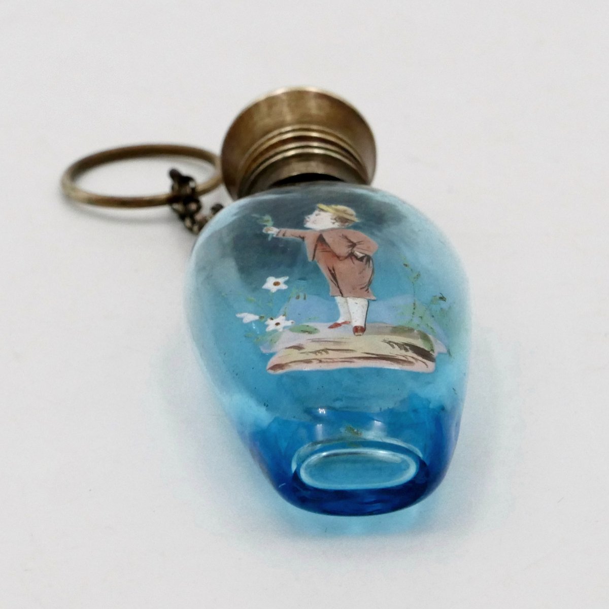 Art Nouveau Scented Bottle Or Salts, Enamelled Glass, Vinaigrette, Chatelaine, Perfume, 19th Century.-photo-3