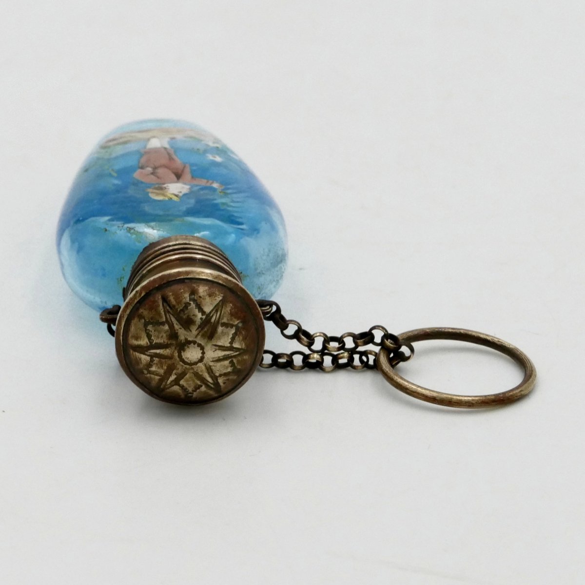 Art Nouveau Scented Bottle Or Salts, Enamelled Glass, Vinaigrette, Chatelaine, Perfume, 19th Century.-photo-1