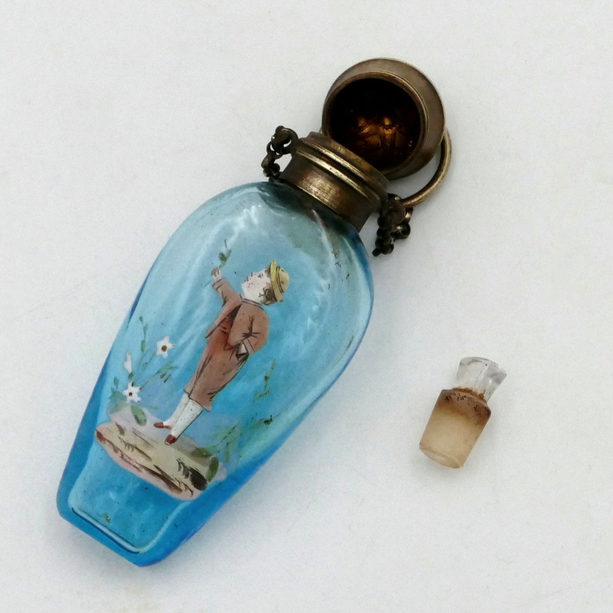 Art Nouveau Scented Bottle Or Salts, Enamelled Glass, Vinaigrette, Chatelaine, Perfume, 19th Century.-photo-2