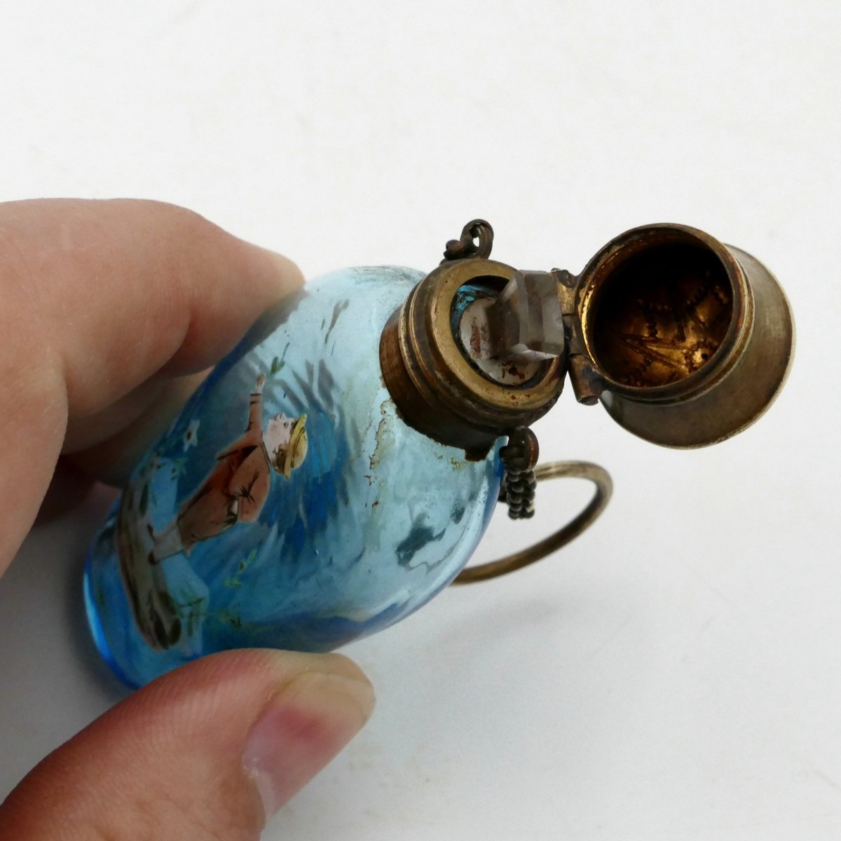 Art Nouveau Scented Bottle Or Salts, Enamelled Glass, Vinaigrette, Chatelaine, Perfume, 19th Century.-photo-4