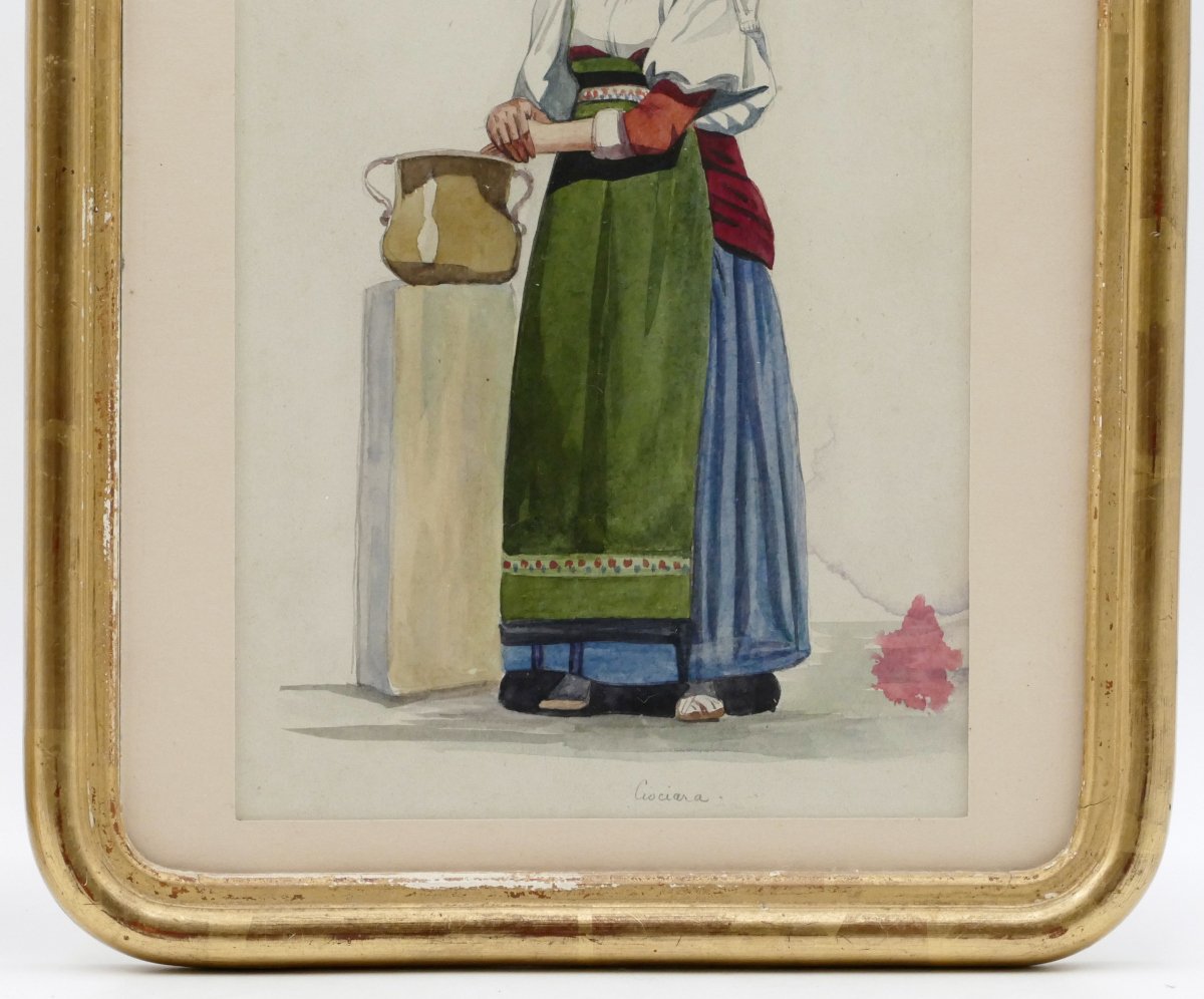 Paire d'aquarelles, Italie, portraits de jeunes femmes, vers 1840, Nettunense, Ciociara.-photo-3
