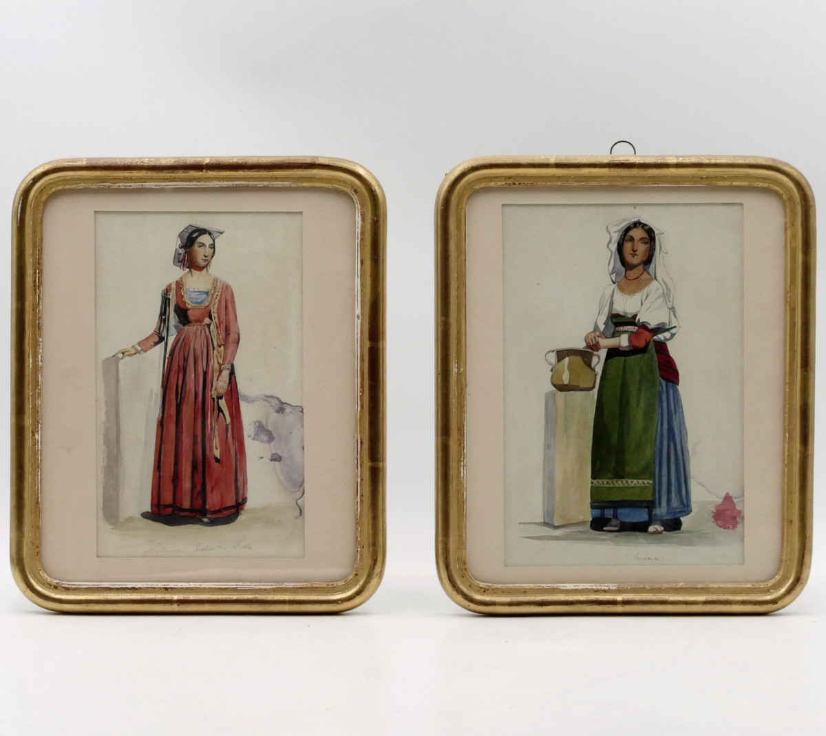 Paire d'aquarelles, Italie, portraits de jeunes femmes, vers 1840, Nettunense, Ciociara.