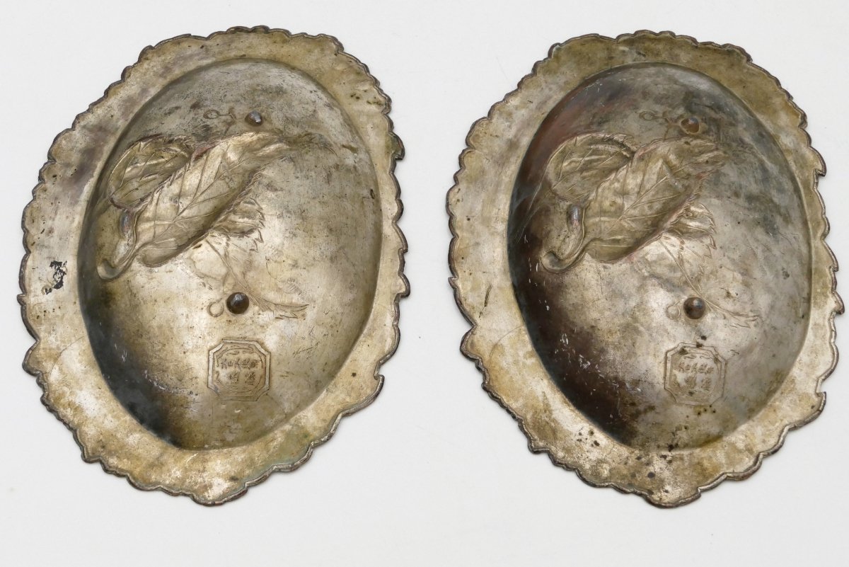Japan, Pair Of Embossed Copper Trinket Trays, Late 19th / Early 20th Century, Wader Decoration-photo-6