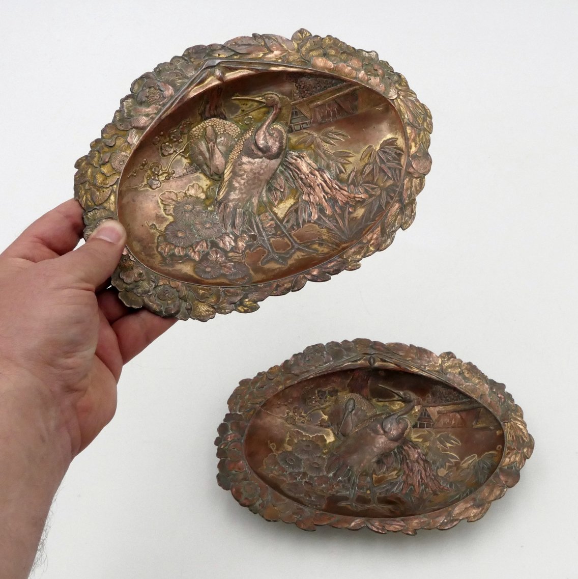 Japan, Pair Of Embossed Copper Trinket Trays, Late 19th / Early 20th Century, Wader Decoration-photo-8
