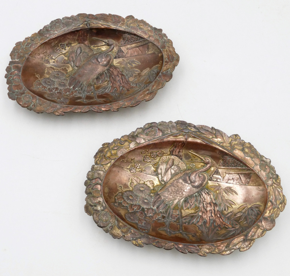 Japan, Pair Of Embossed Copper Trinket Trays, Late 19th / Early 20th Century, Wader Decoration