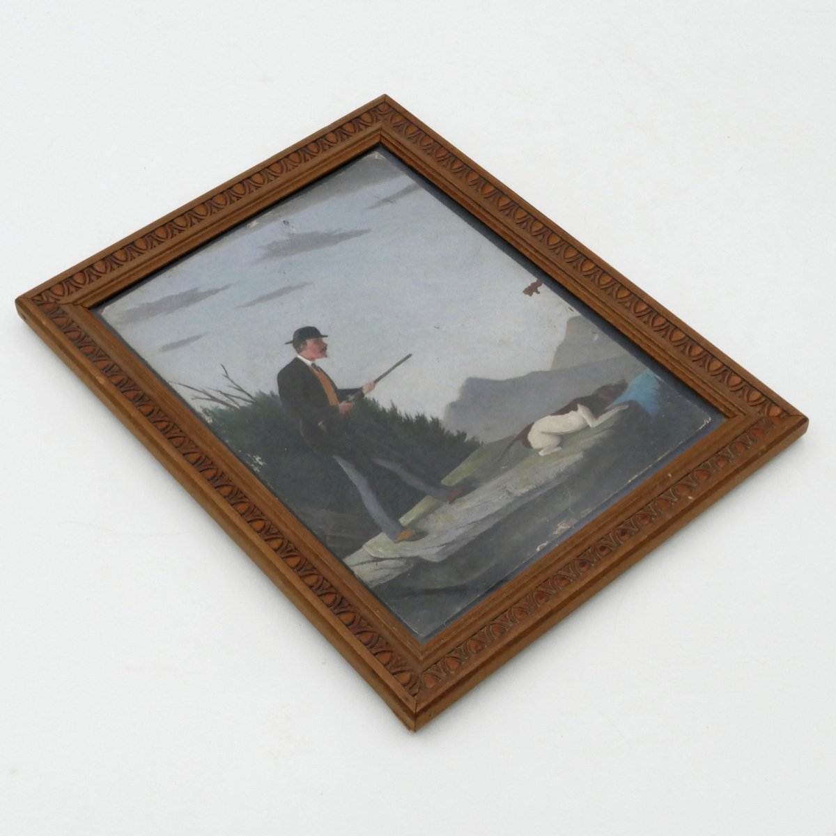 “the Hunter And His Dog,” Oil On Cardboard, Naive Art, 1900. -photo-5