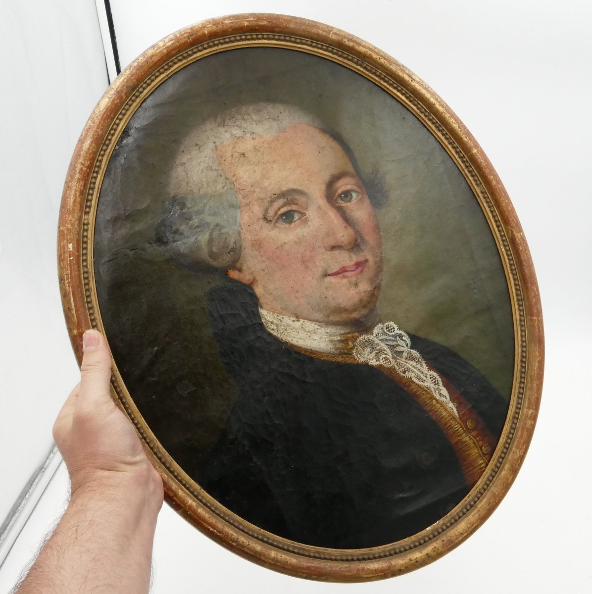 Portrait d'homme d'époque Louis XVI, huile sur toile ovale, fin XVIIIe siècle, à restaurer.-photo-7