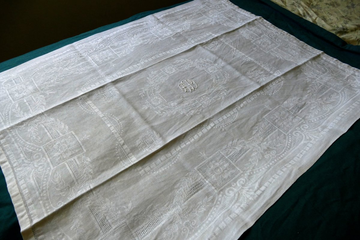 Tablecloth And Its Twelve Napkins With Rich Damask And Openwork Decoration, “ap”, Art Nouveau. -photo-3