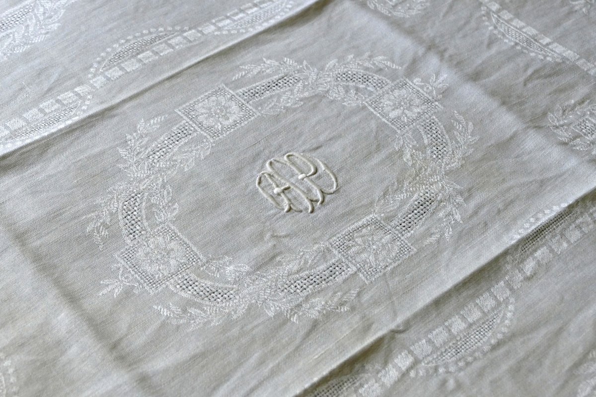 Tablecloth And Its Twelve Napkins With Rich Damask And Openwork Decoration, “ap”, Art Nouveau. -photo-4
