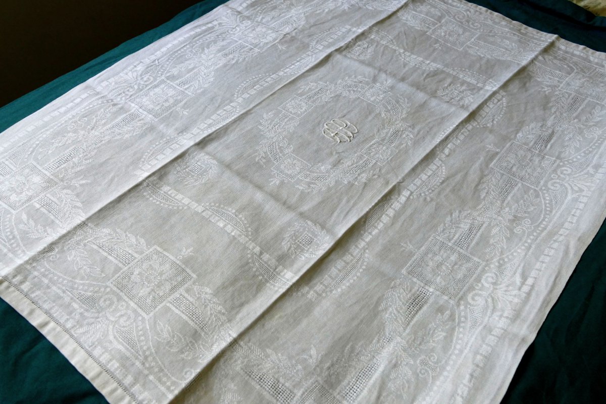 Tablecloth And Its Twelve Napkins With Rich Damask And Openwork Decoration, “ap”, Art Nouveau. -photo-4