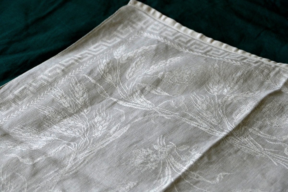 Tablecloth And Its Six Napkins With A Rich Damask Decoration Of Wheat Ears, Art Nouveau. -photo-1