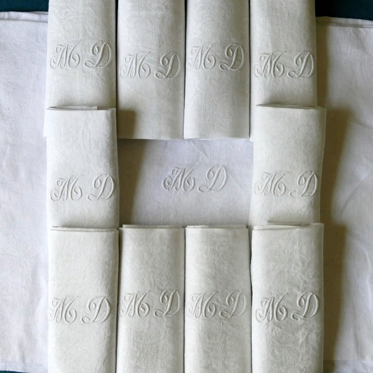 Tablecloth And Its Ten Napkins With Rich Damask Decoration, “md”, Art Nouveau.  -photo-2