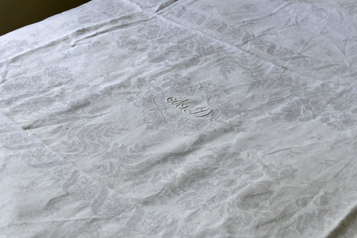 Tablecloth And Its Ten Napkins With Rich Damask Decoration, “md”, Art Nouveau.  -photo-4