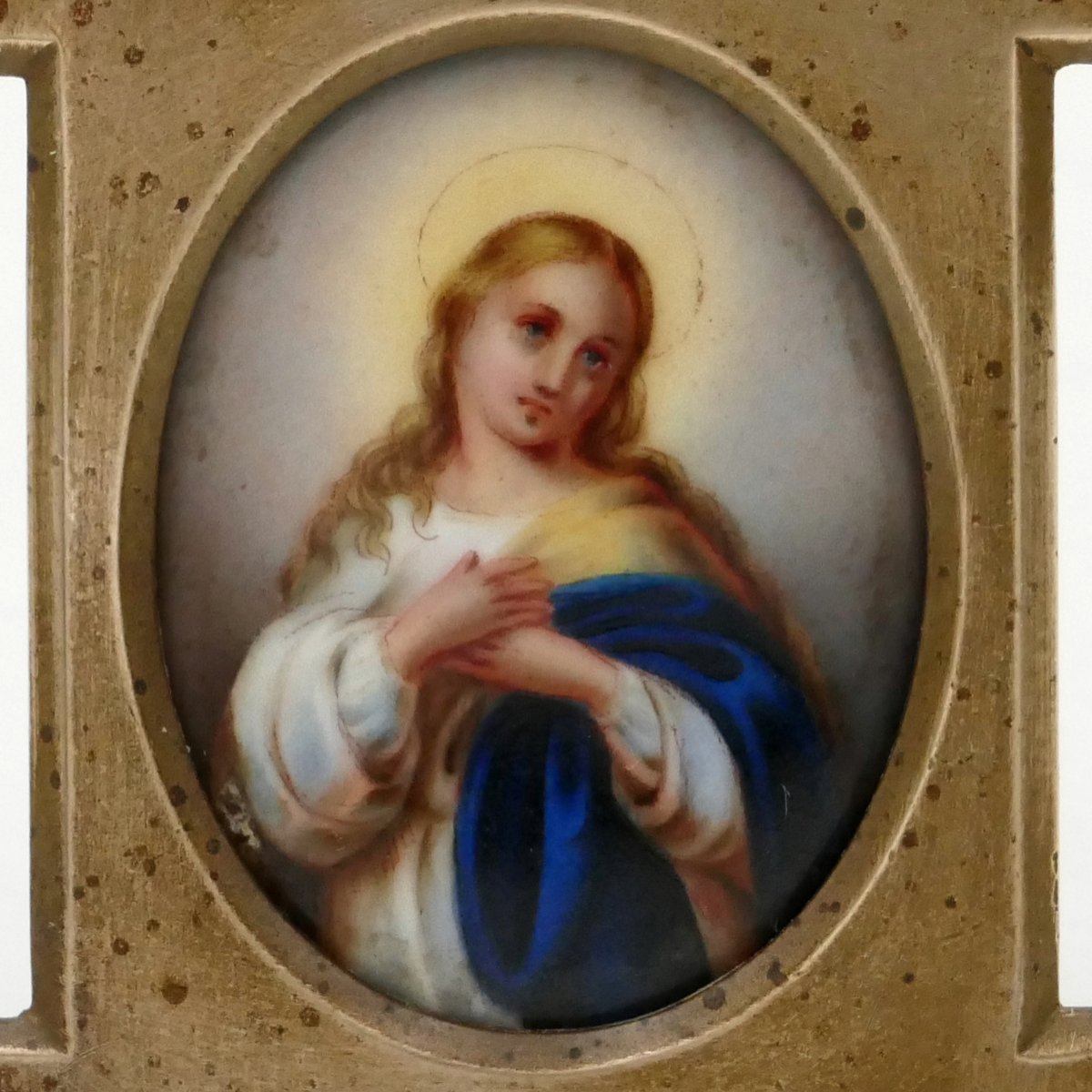 Miniature On Porcelain Representing The Virgin, Bronze Frame, Late 19th Century. -photo-3