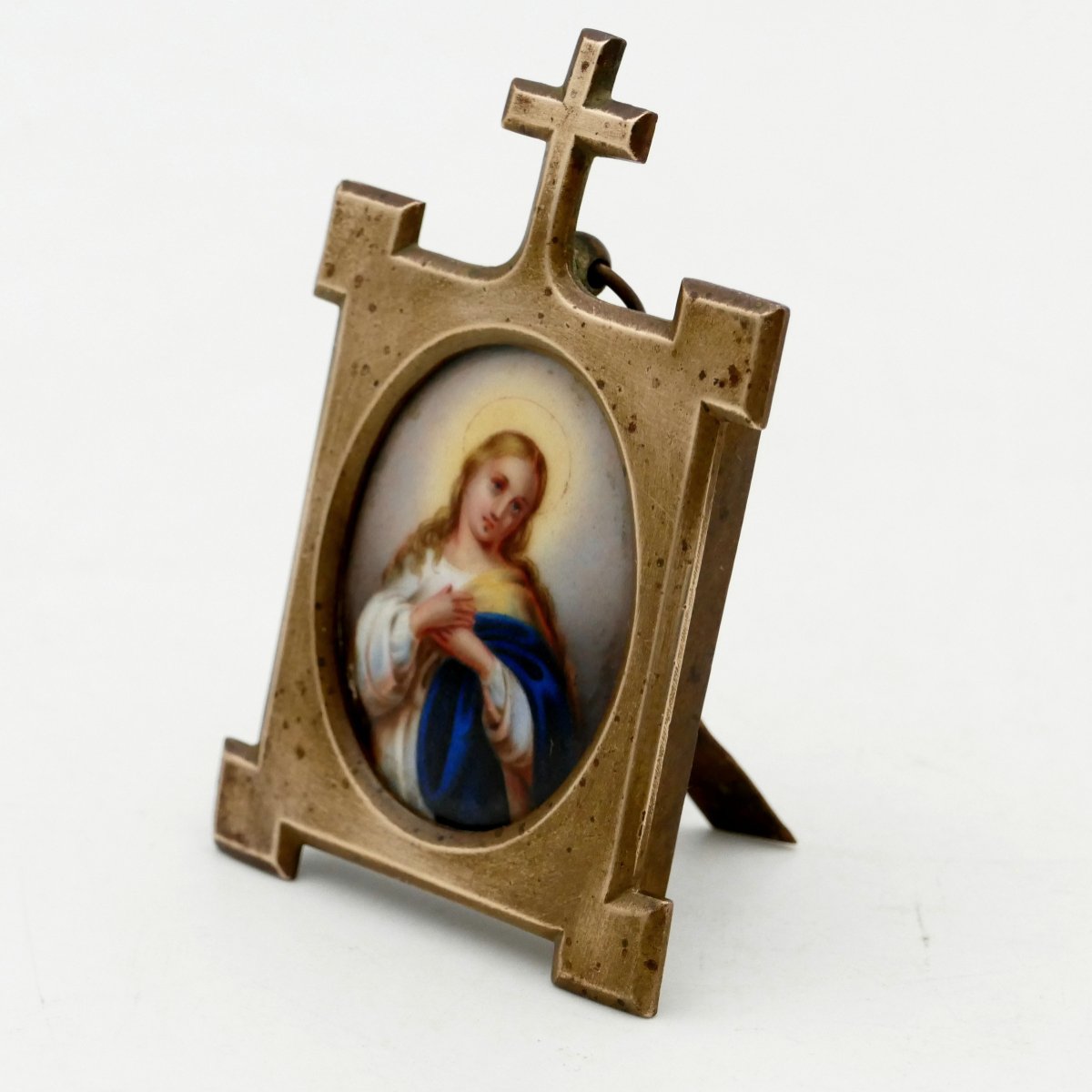 Miniature On Porcelain Representing The Virgin, Bronze Frame, Late 19th Century. -photo-4