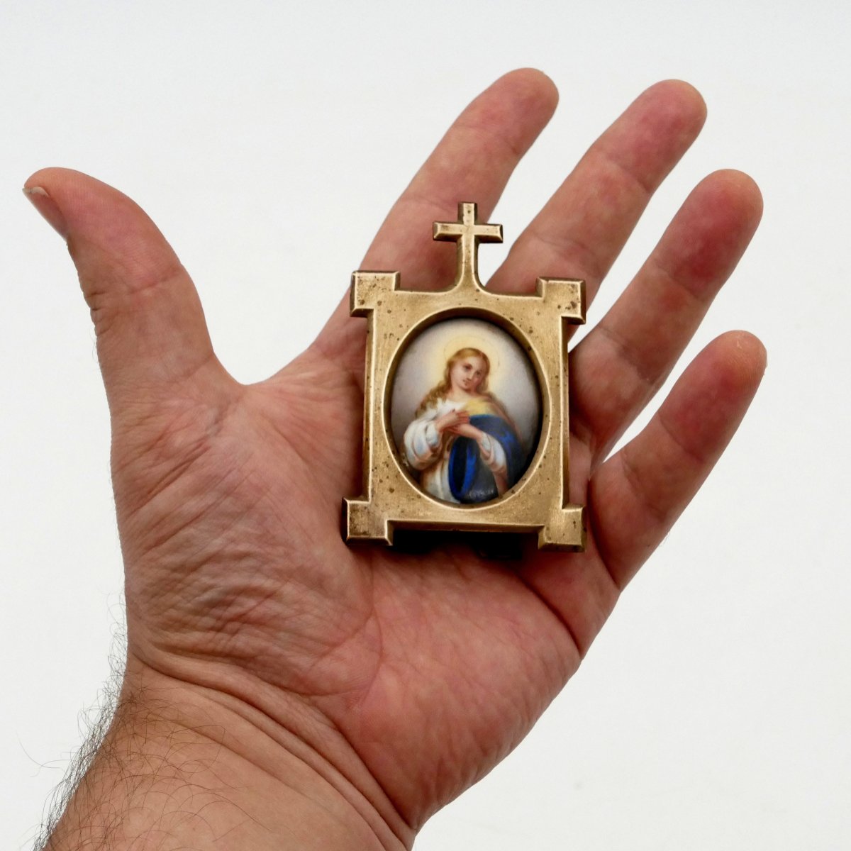 Miniature On Porcelain Representing The Virgin, Bronze Frame, Late 19th Century. -photo-3