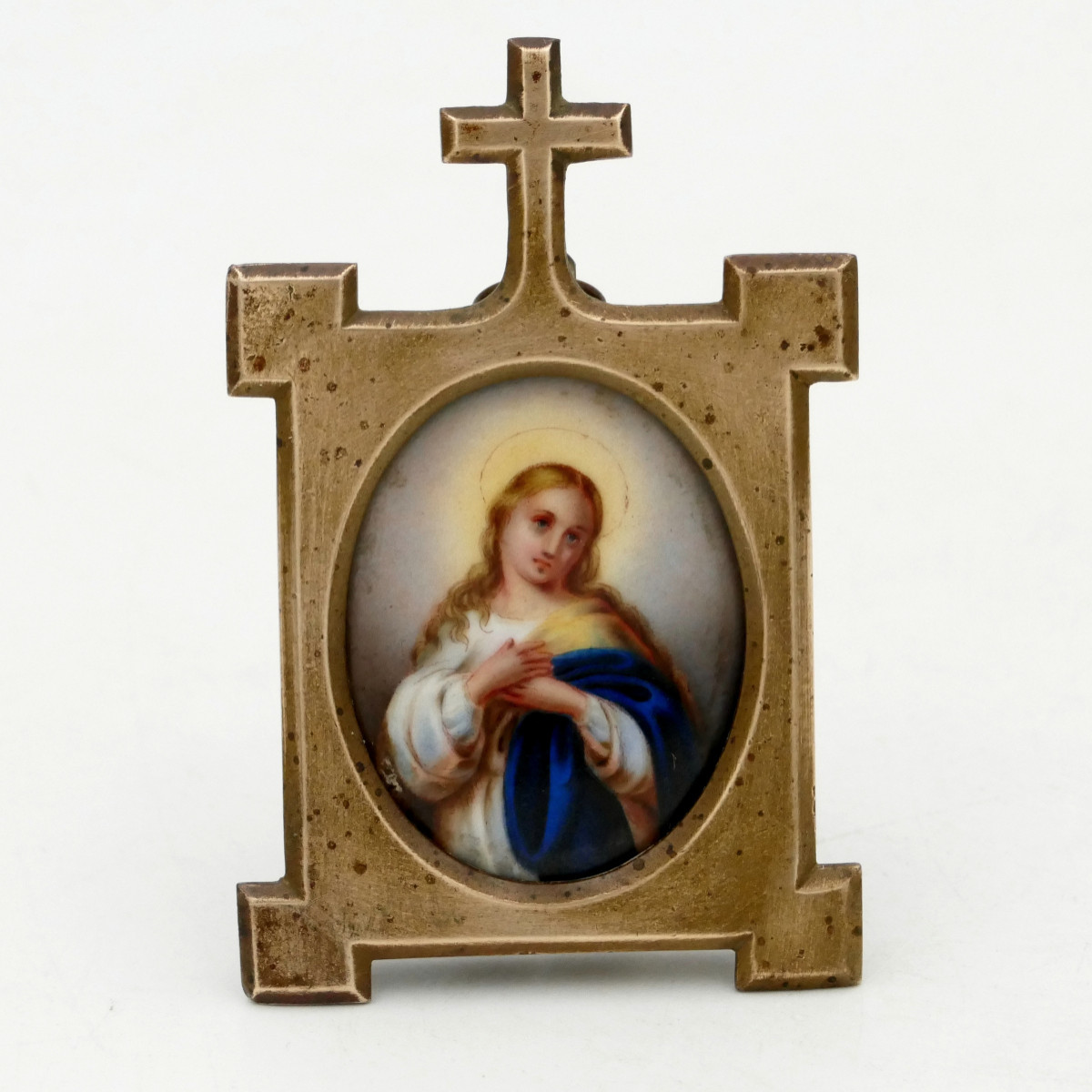 Miniature On Porcelain Representing The Virgin, Bronze Frame, Late 19th Century. 