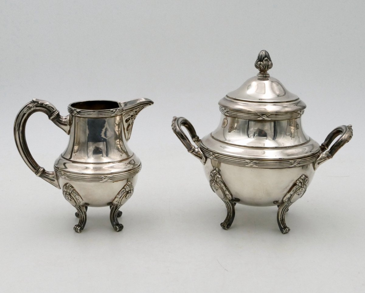 Saglier frères, service à thé / café en métal argenté de style Louis XV, XXe siècle.-photo-2