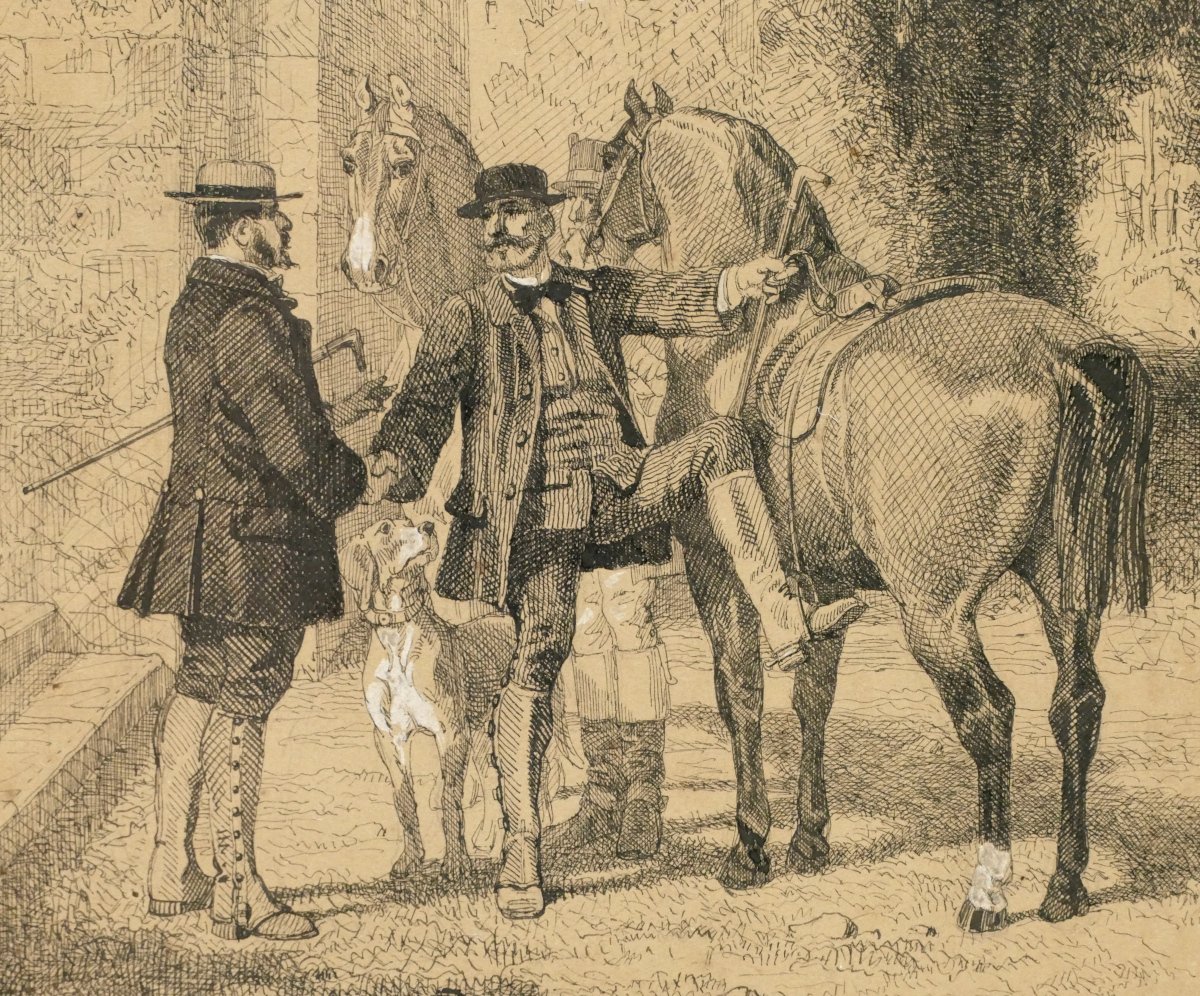 Ferdinand De Lemud, Conversation Between Riders, Pen Drawing, 19th Century.-photo-3
