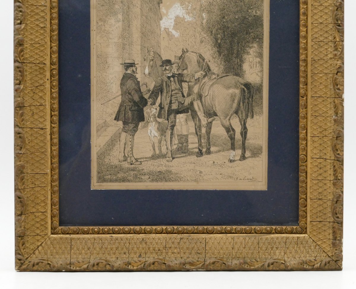 Ferdinand De Lemud, Conversation Between Riders, Pen Drawing, 19th Century.-photo-4