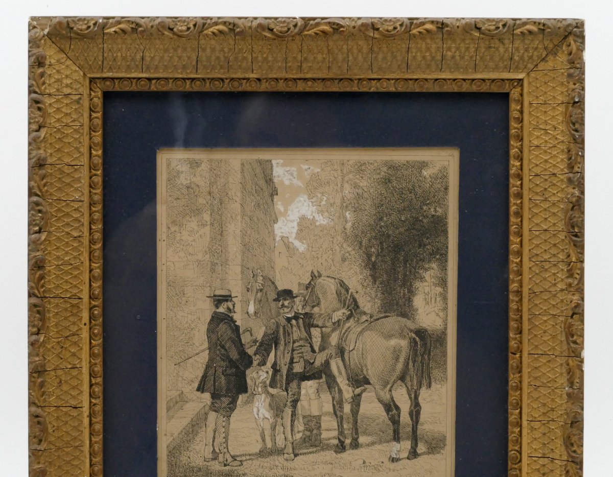 Ferdinand De Lemud, Conversation Between Riders, Pen Drawing, 19th Century.-photo-1