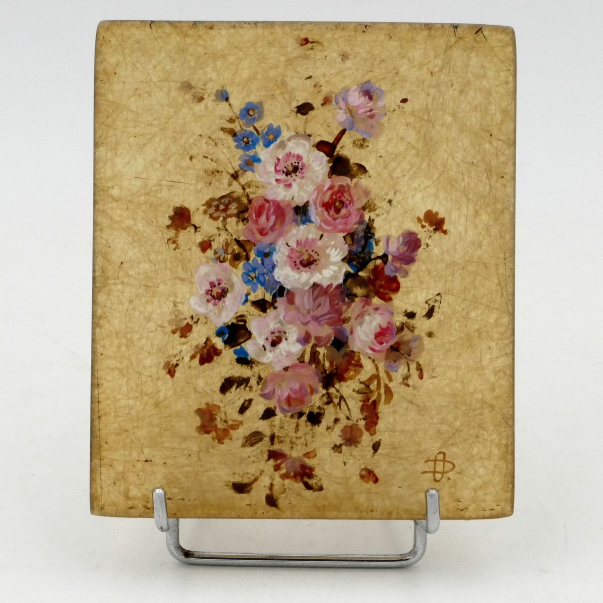 [curiosity] “the Bouquet Of Roses”, Oil Painting On Blond Horn, Early 20th Century.-photo-2