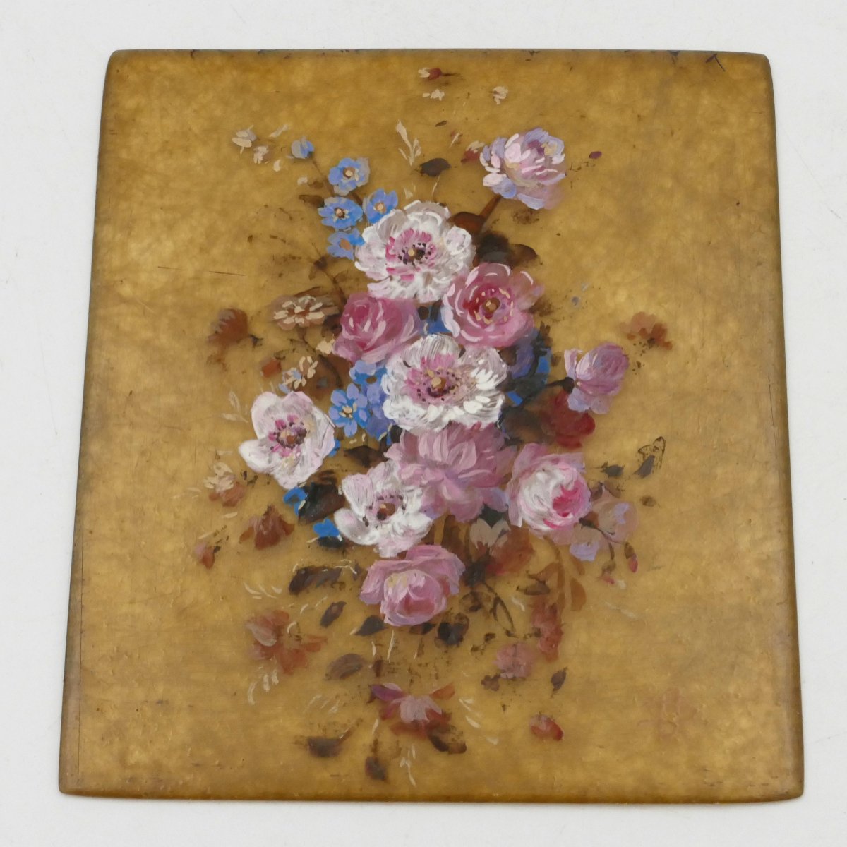 [curiosity] “the Bouquet Of Roses”, Oil Painting On Blond Horn, Early 20th Century.-photo-2