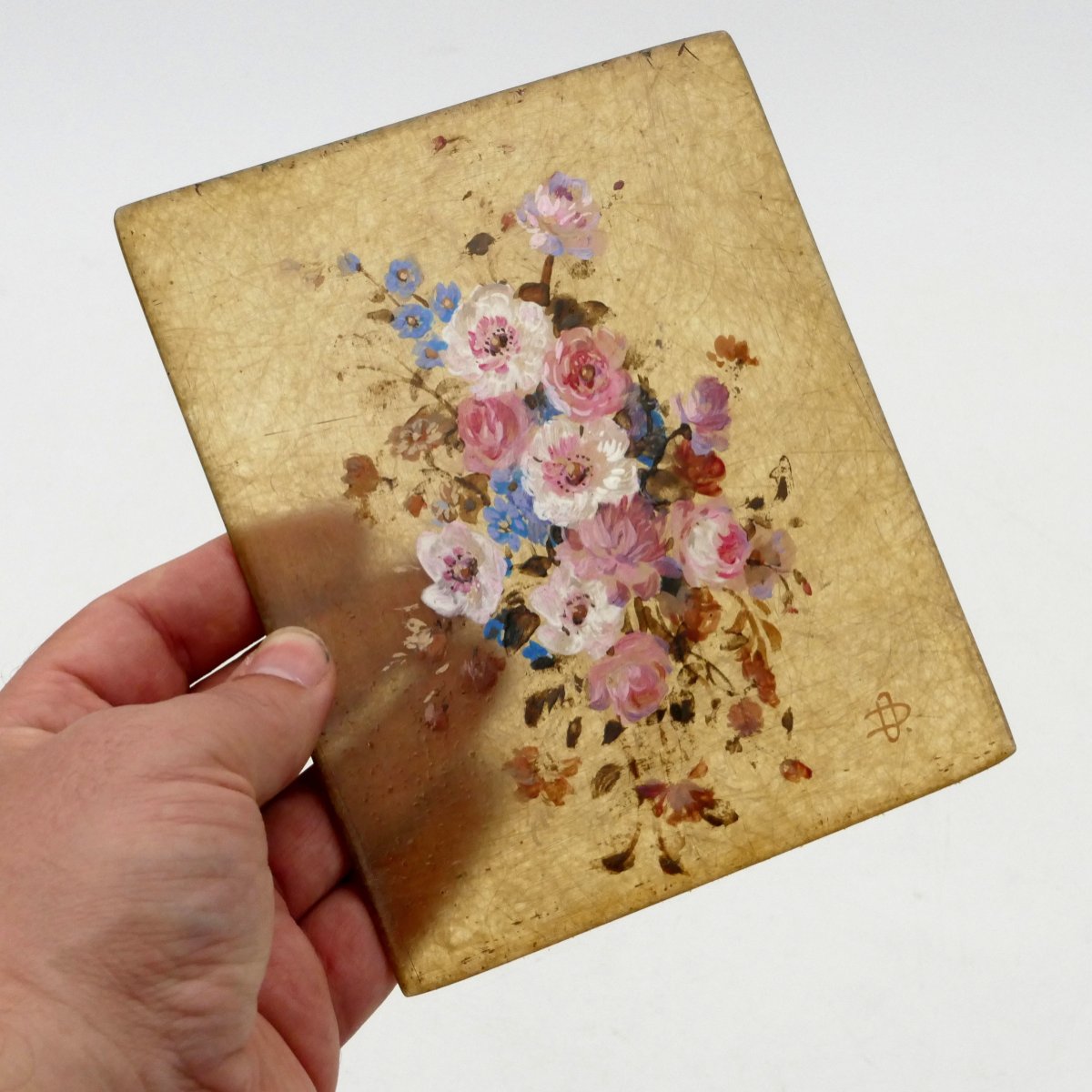 [curiosity] “the Bouquet Of Roses”, Oil Painting On Blond Horn, Early 20th Century.-photo-4