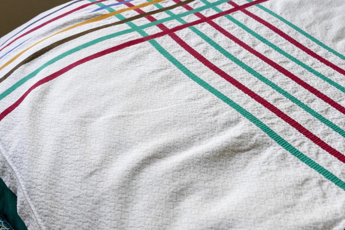 Nappe du Pays Basque, monogramme « A B », rayures multicolores, milieu XXe siècle. -photo-4