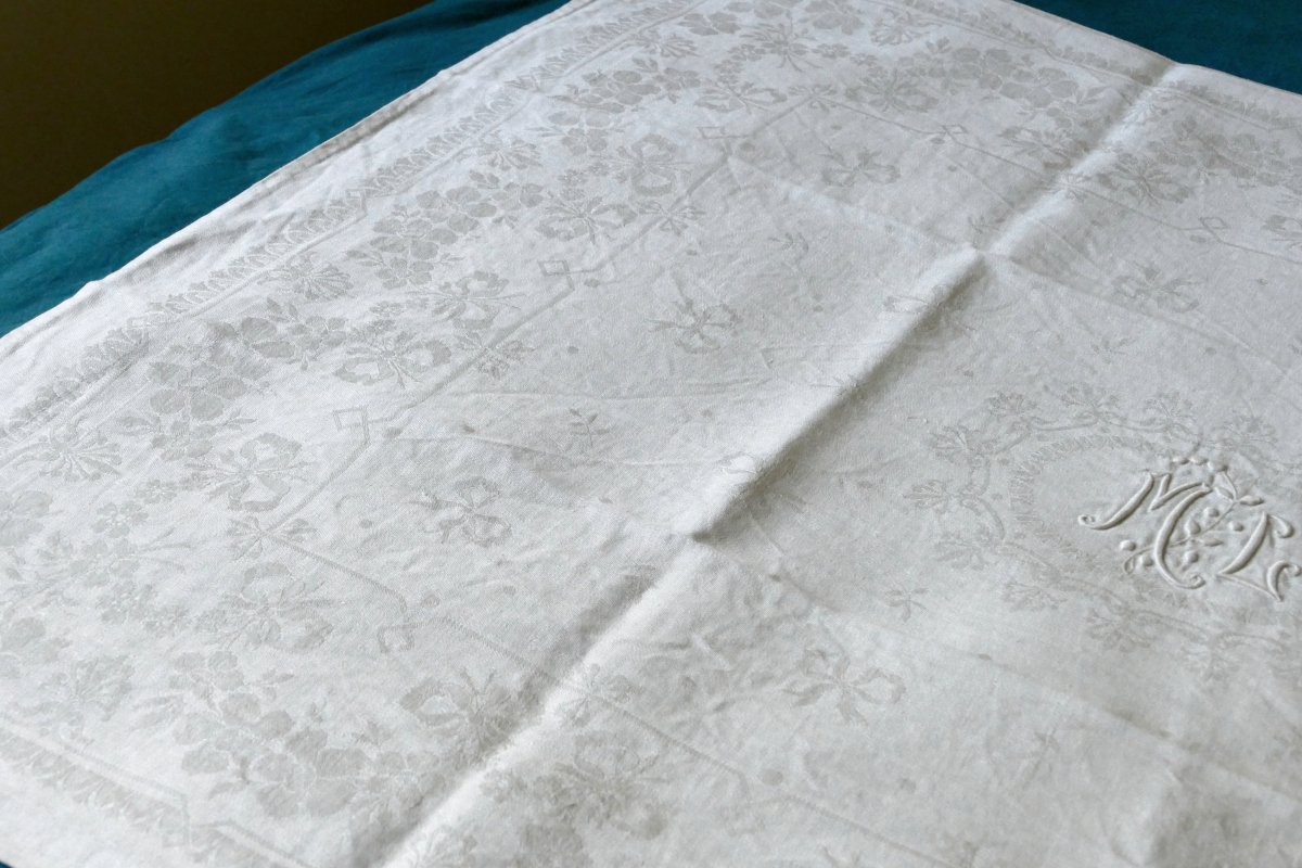 Douze Serviettes Fortement Damassées, Monogramme « M L », Art Nouveau.-photo-4
