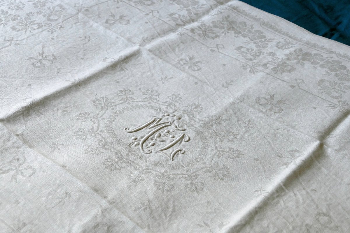 Douze Serviettes Fortement Damassées, Monogramme « M L », Art Nouveau.-photo-5