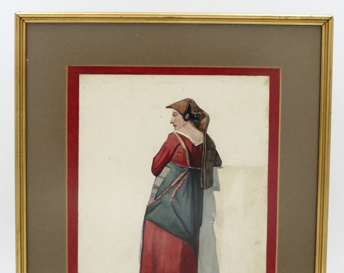 Italian School, Watercolor, “neapolitan Woman In A Red And Green Dress”, Circa 1840, 19th Century.-photo-4