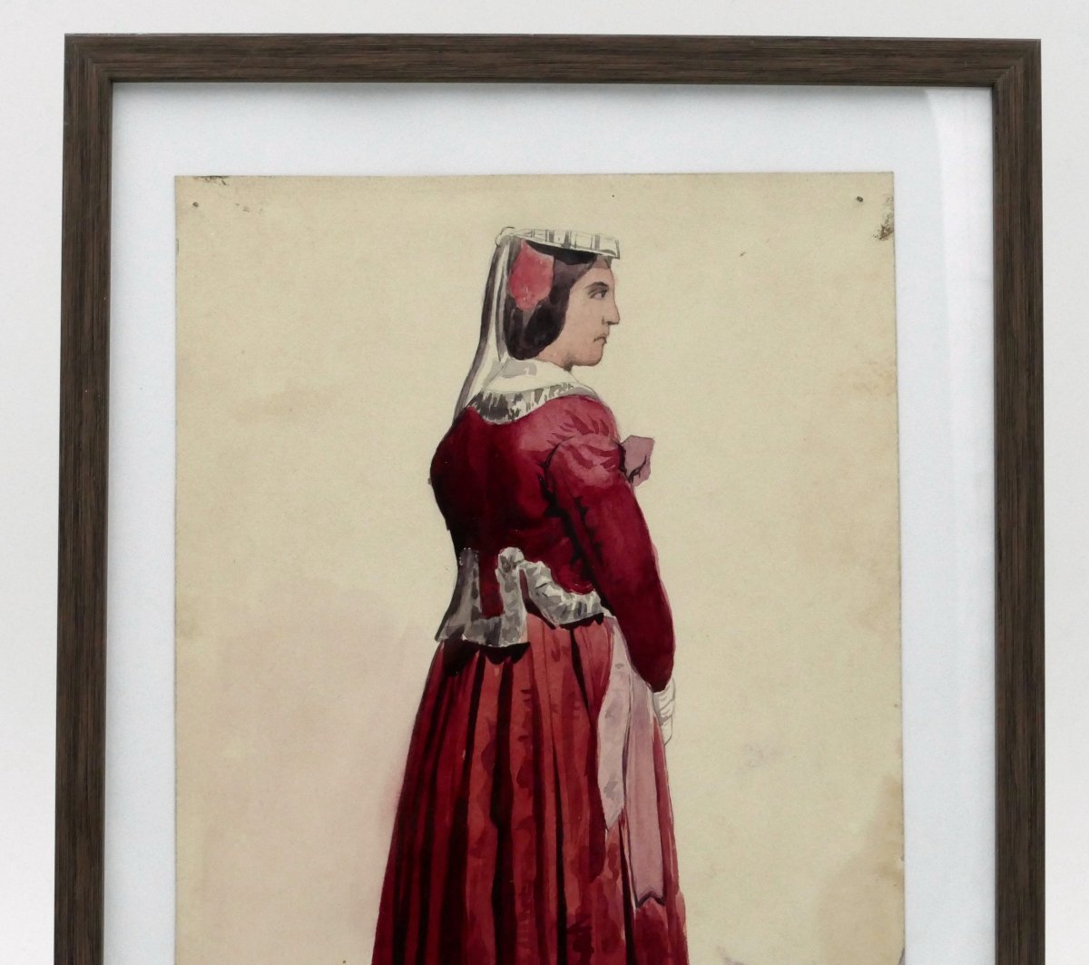 Italian School, Watercolor, “neapolitan Woman In A Red Dress”, Circa 1840, 19th Century.-photo-4