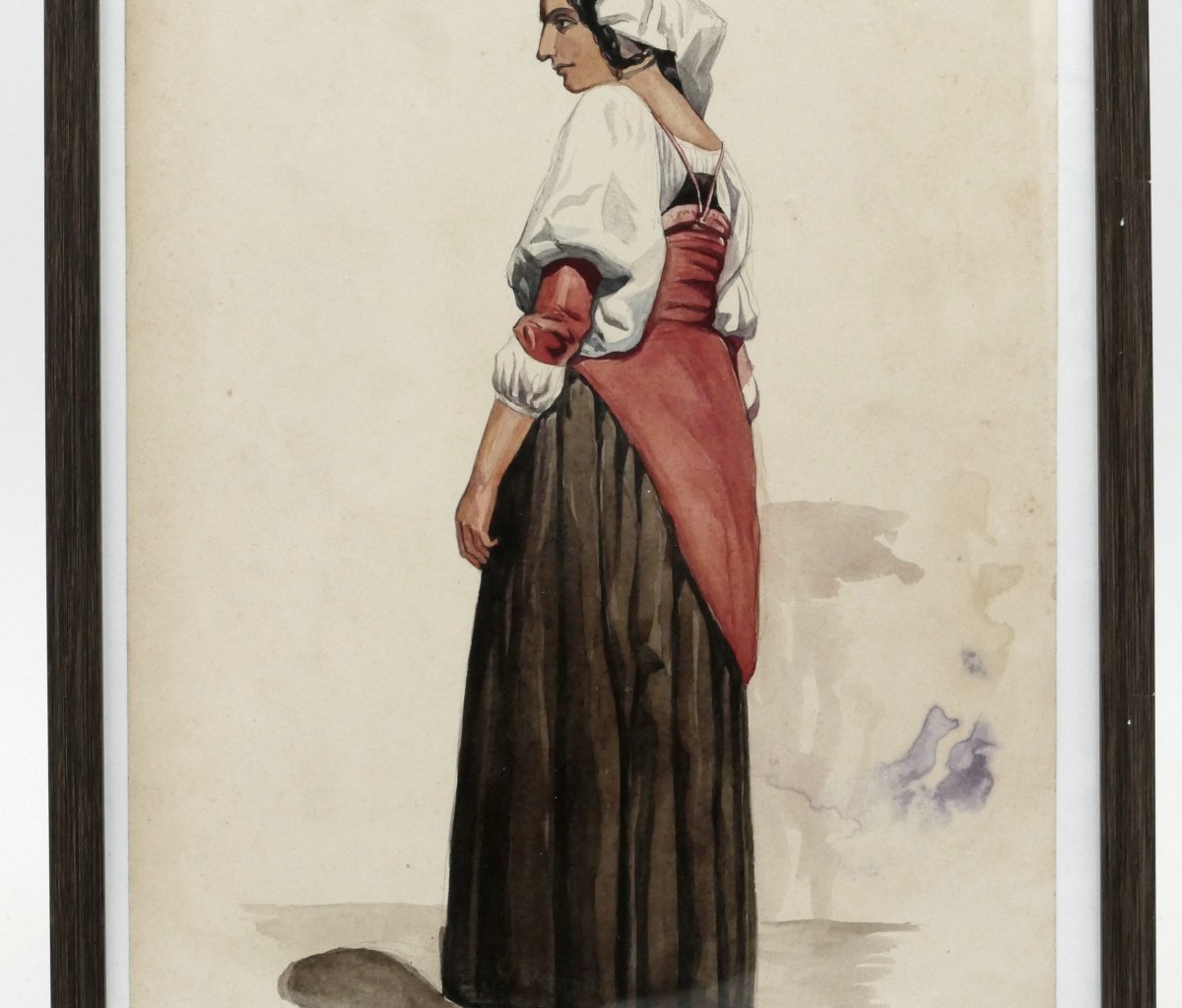 Italian School, Watercolor, “neapolitan Woman In A Green Dress”, Circa 1840, 19th Century.-photo-3