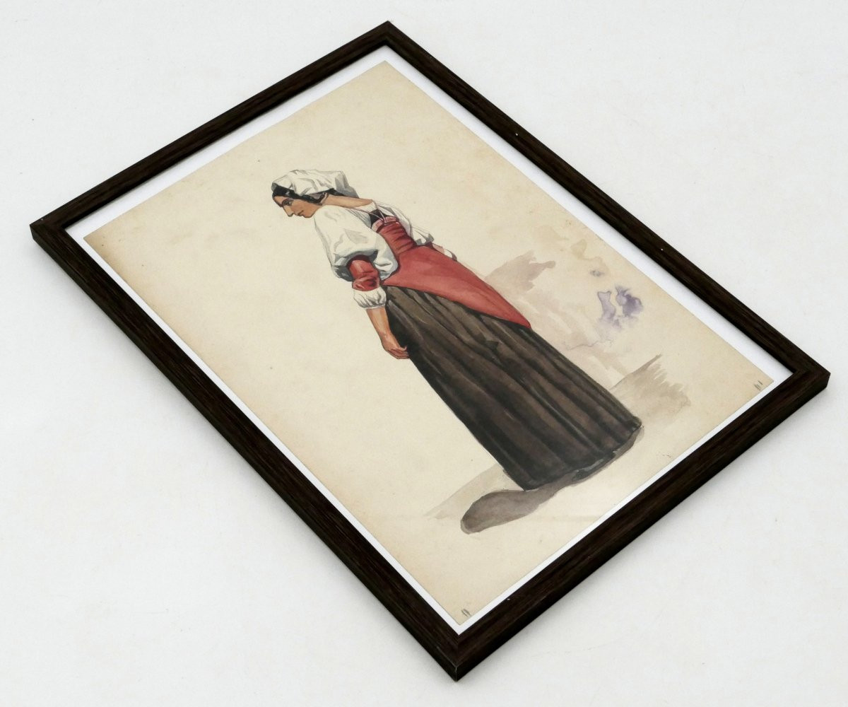 Italian School, Watercolor, “neapolitan Woman In A Green Dress”, Circa 1840, 19th Century.-photo-1