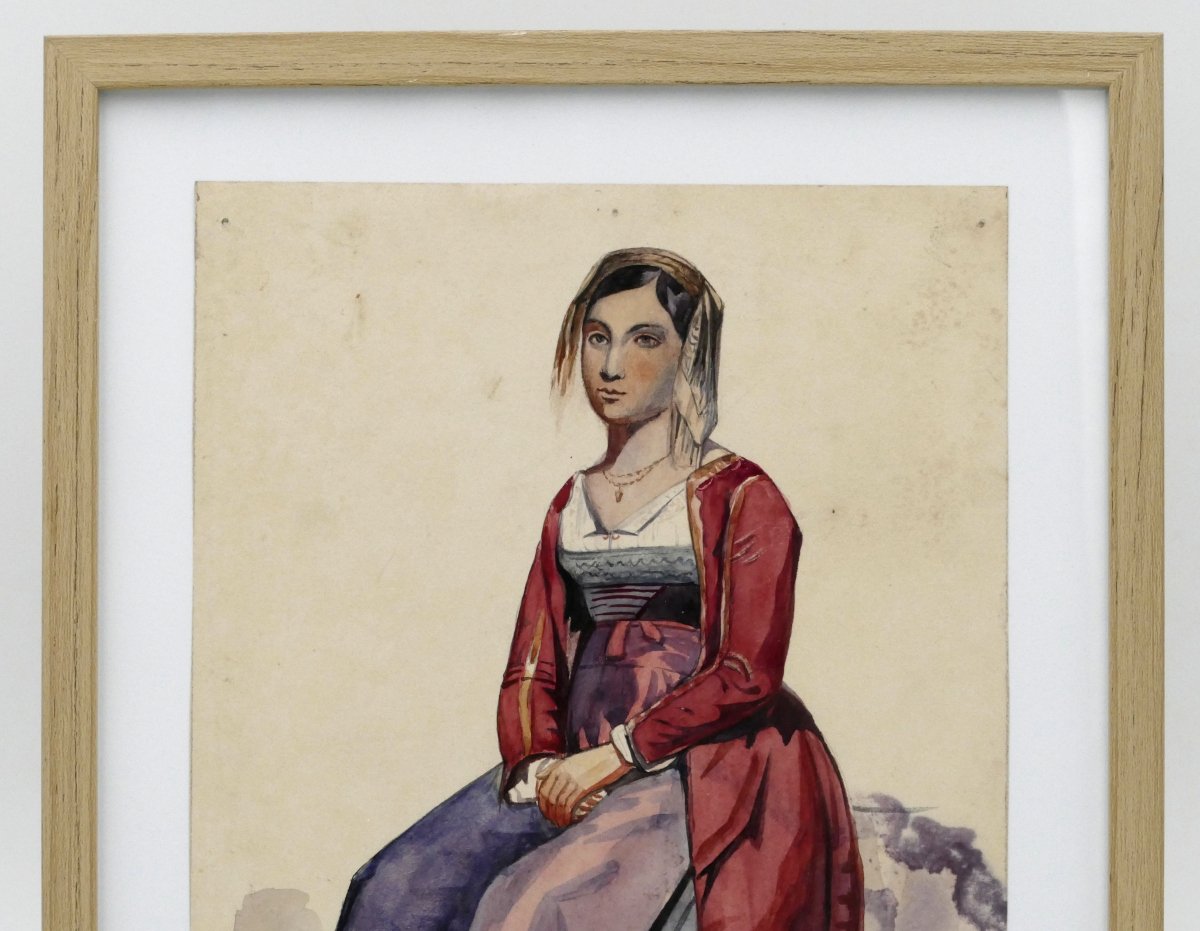 École italienne, aquarelle, « Portrait d'une habitante de Procida », vers 1840, XIXe siècle.-photo-4