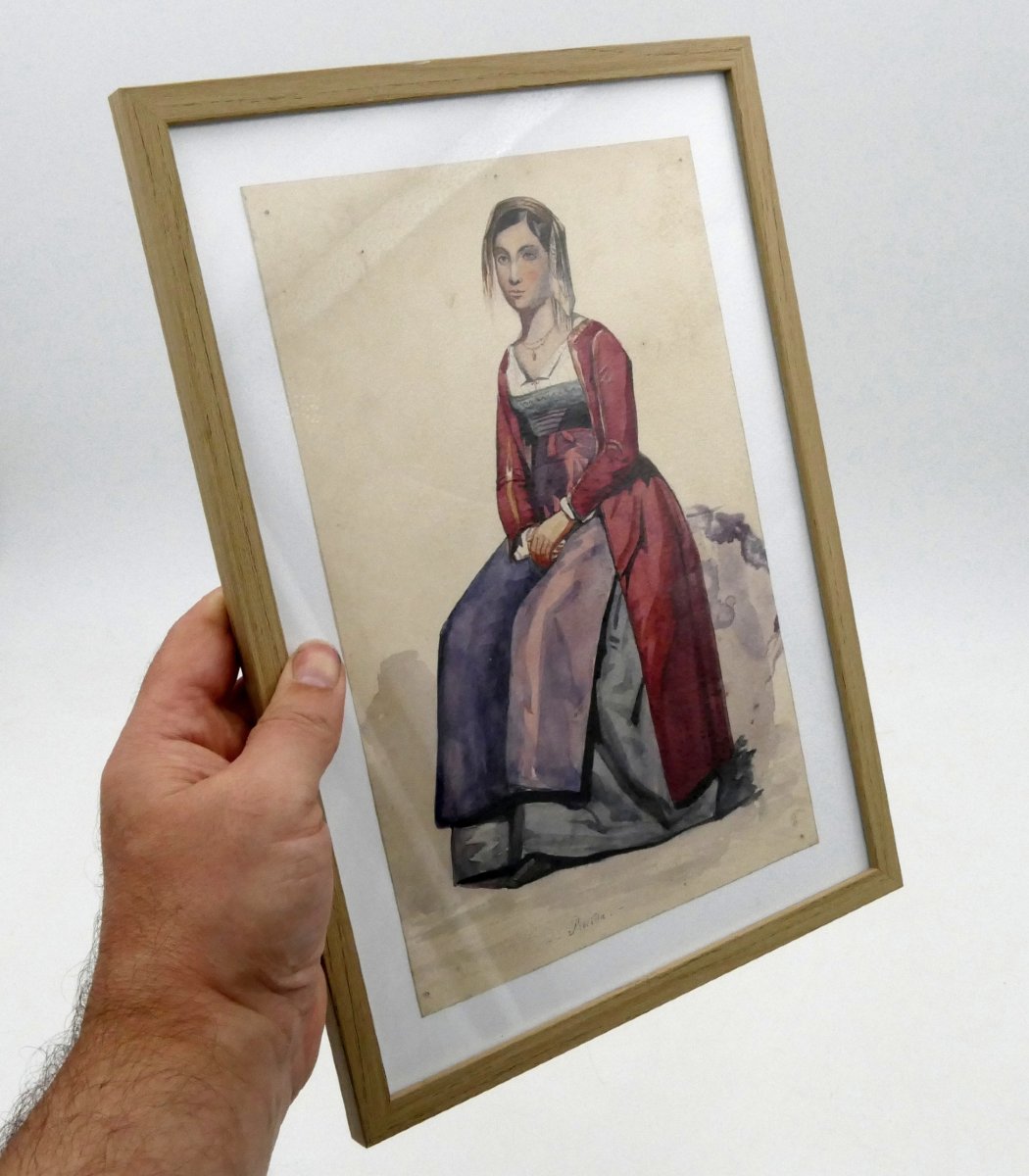 École italienne, aquarelle, « Portrait d'une habitante de Procida », vers 1840, XIXe siècle.-photo-2
