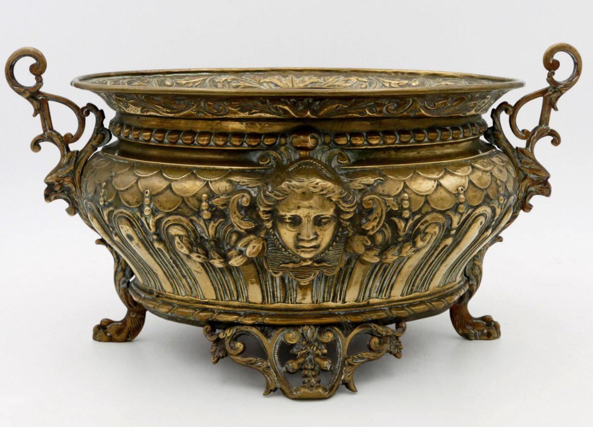 Jardinière In Embossed Brass And Bronze, Decorated With Female Faces, Napoleon III.-photo-4