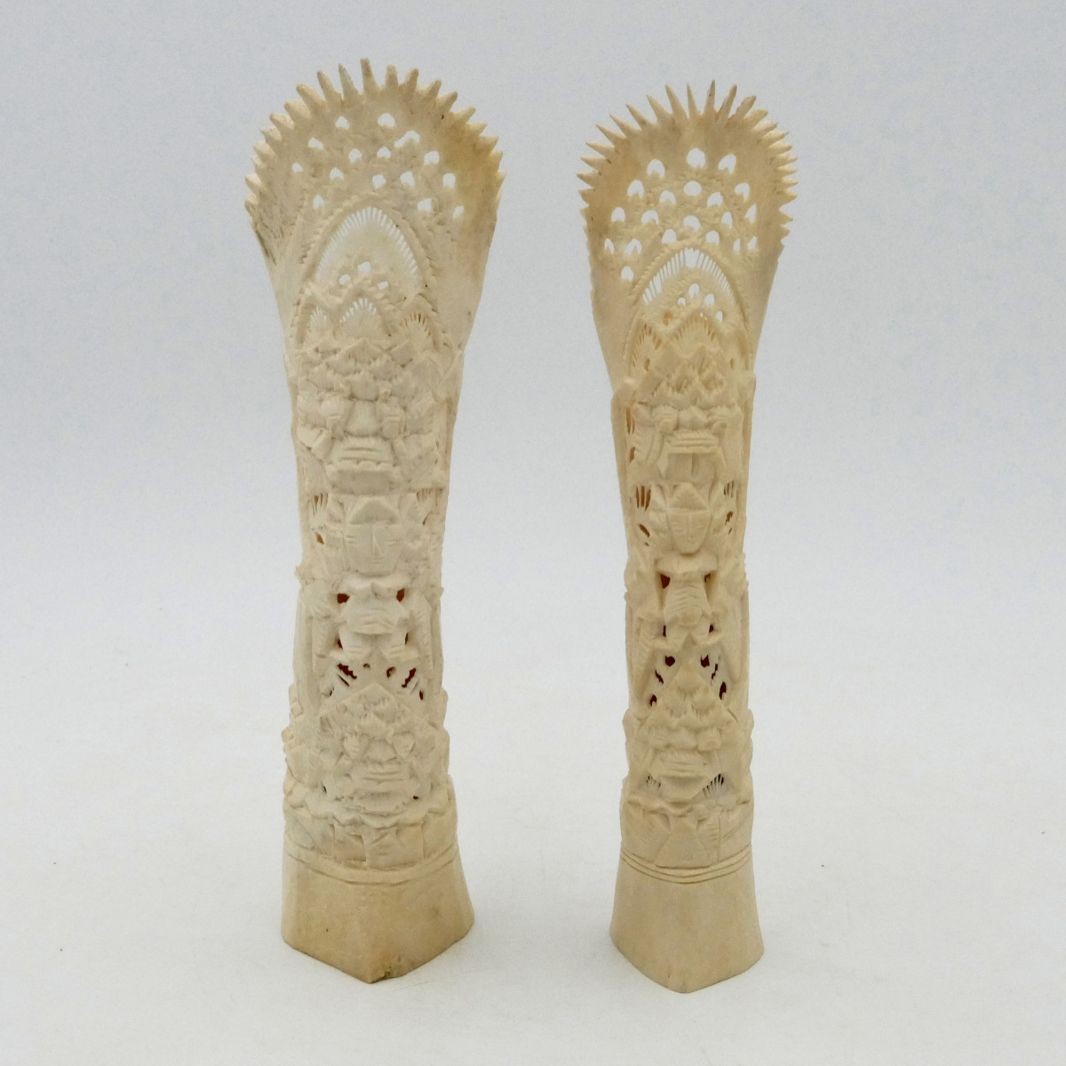 Bali, Pair Of Bone Sculptures Representing The God Barong, Mid-20th Century, Indonesia.