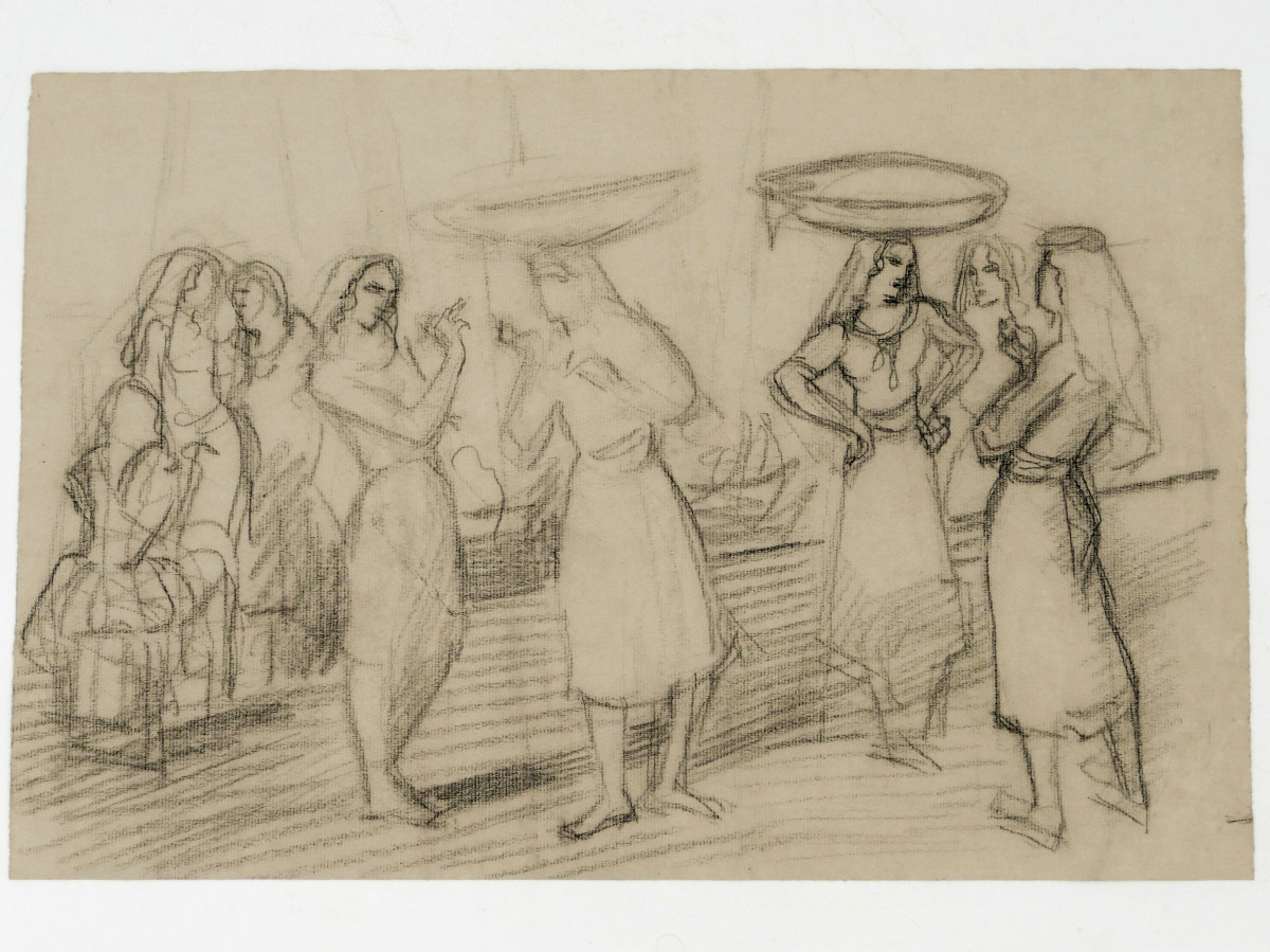 Henri Lafitte (1885–1977), « Femmes au marché à Lisbonne », étude au fusain.