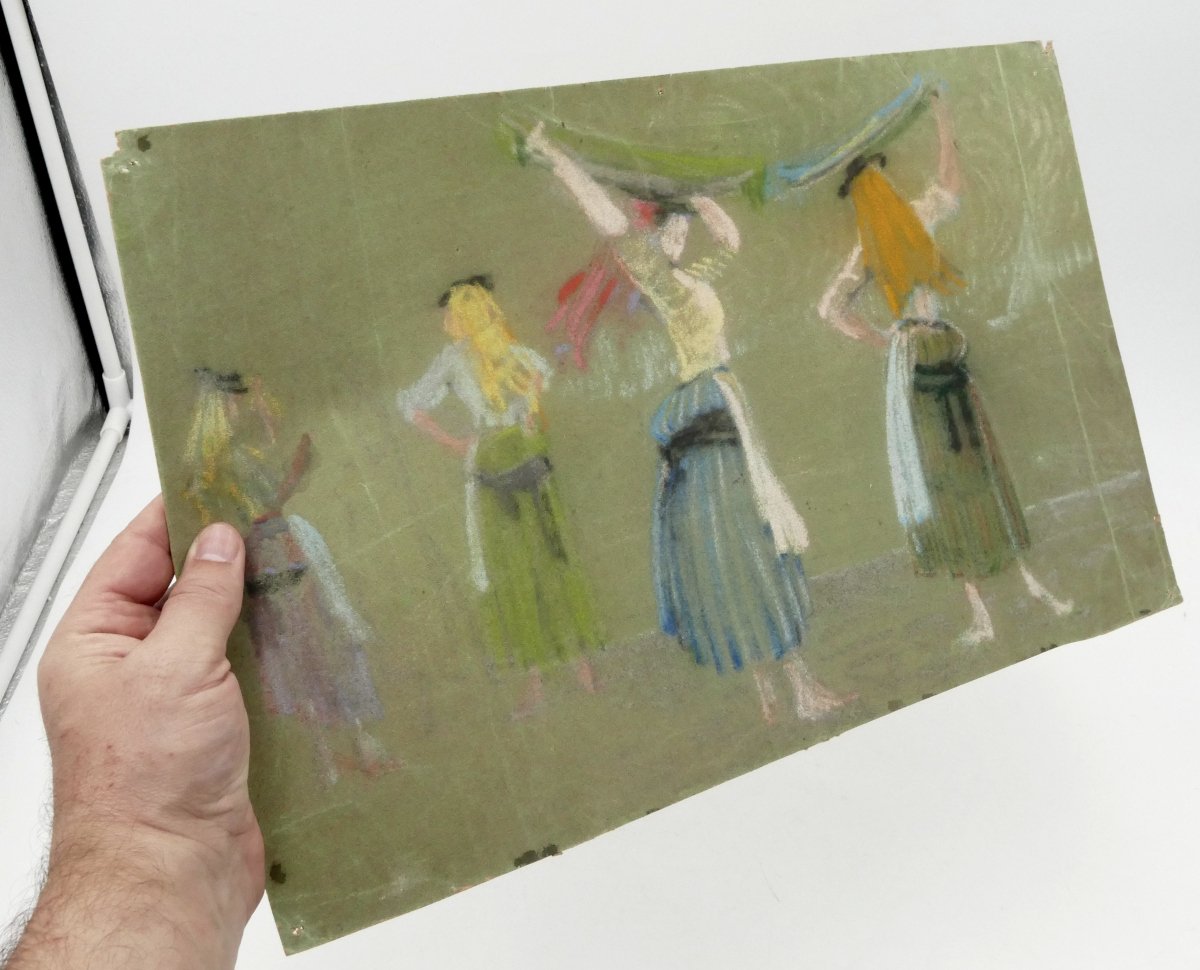 Henri Lafitte (1885–1977), « Femmes au marché à Lisbonne », étude au pastel sur fond vert.-photo-5