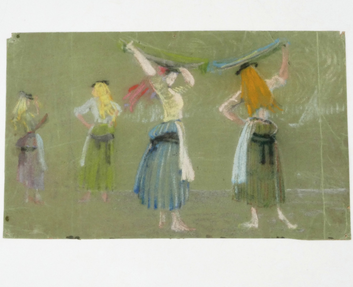 Henri Lafitte (1885–1977), « Femmes au marché à Lisbonne », étude au pastel sur fond vert.